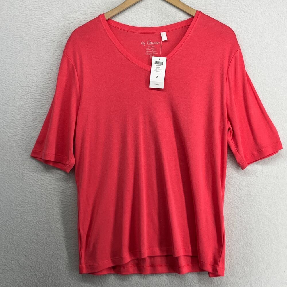 TALBOTS Top 3 XL Faye Elbow Basic Knit V-Neck Short Sleeve Cotton Coral Pink NEW
